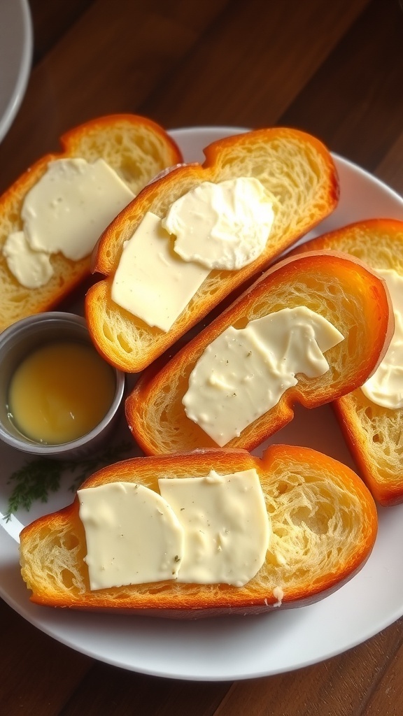 Classic Buttered Bread Recipe Toasted bread slices with butter on a plate, accompanied by a dish of melted butter and herbs.